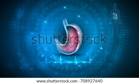 Stomach health care blue abstract background, normal cardiogram at the bottom line and human silhouette with internal organs