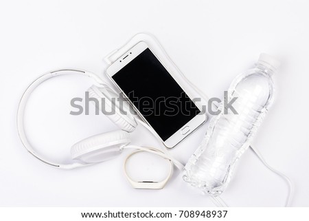 concept picture of  sport healthcare and technology future, white objects with bottle of water on white background.