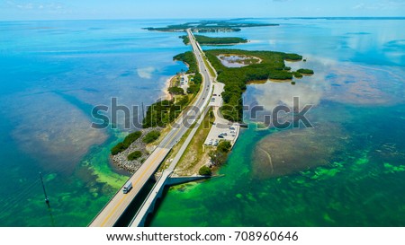 Overseas highway to Key West island, Florida Keys, USA. Aerial view beauty nature.  Royalty-Free Stock Photo #708960646