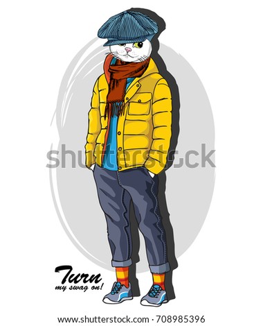 Vector white cat with a blue cap. Hand drawn illustration of dressed cat 