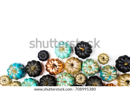 Colorful pumpkins collection. Flat lay, top view trendy holiday concept.