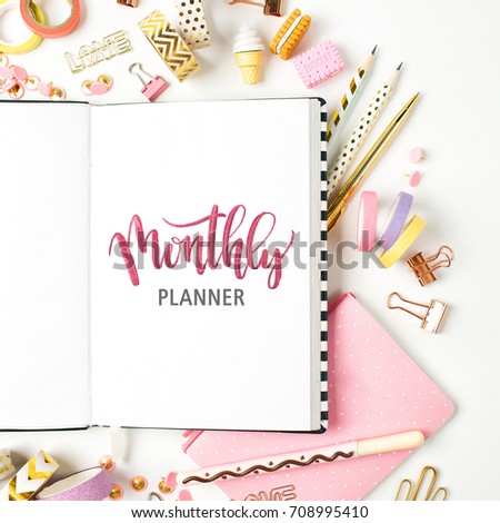 Monthly planner and School stationery. Flat lay, top view