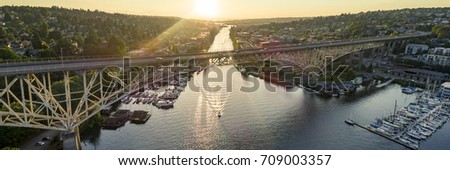 Aurora Bridge Sunset Panorama Aerial View in Seattle, Washington