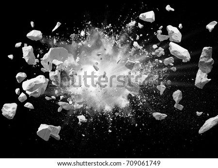 split debris caused by explosion against black background Royalty-Free Stock Photo #709061749