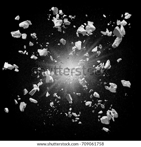 broken debris caused by explosion against black background Royalty-Free Stock Photo #709061758