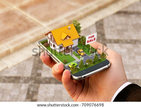 Smartphone application for online searching, buying, selling and booking real estate. Unusual 3D illustration of beautiful house on smartphone in hand Royalty-Free Stock Photo #709076698