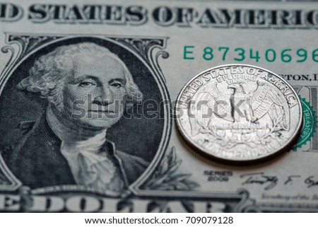 US dollar cash banknote and coin background close up