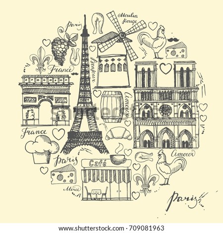 Sketches traditional symbols of the French architecture, culture, kitchen