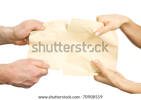 Paper blank leaf in female and man's hands