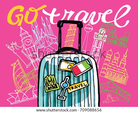 Hand drawn doodle travel illustration. Bon voyage. Go travel!