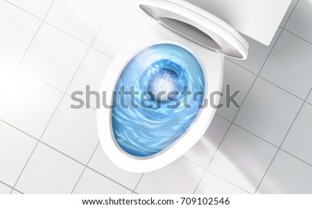 Top view of toilet bowl, blue detergent flushing in it, 3d illustration Royalty-Free Stock Photo #709102546