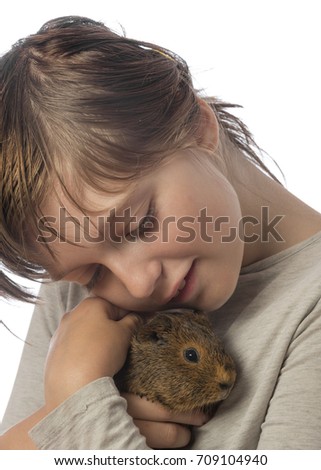 little girl and her pet a guinea pig - white background