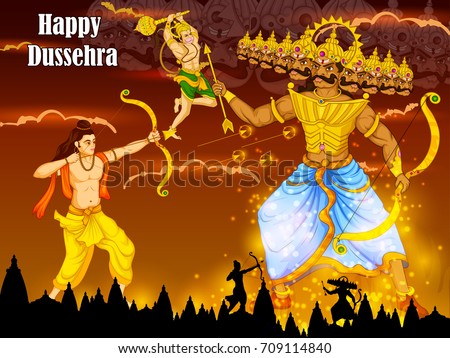 Lord Rama killing Ravana during Dussehra festival of India in vector Royalty-Free Stock Photo #709114840