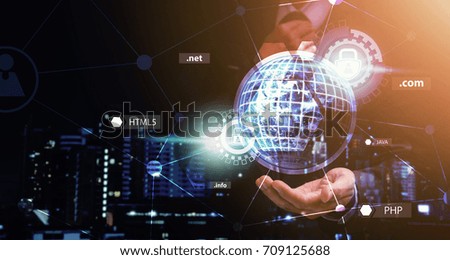 Network security computer concept programmer hold the earth and shield activated for protection : Elements of this image furnished by NASA