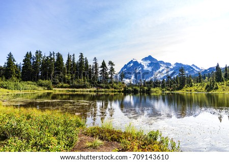 Perfect Mt Baker reflection view in Picture Lake, WA, USA.