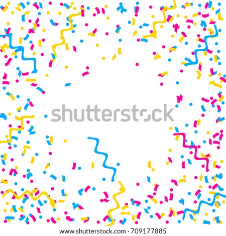 Abstract multicolored background. A lot of small falling confetti. Confetti fly from all sides to the center. Confetti frame