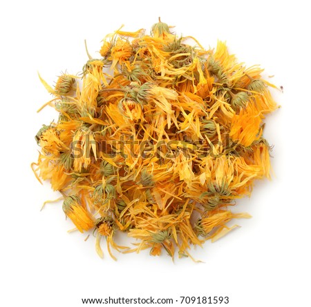 Top view of dried calendula flowers isolated on white