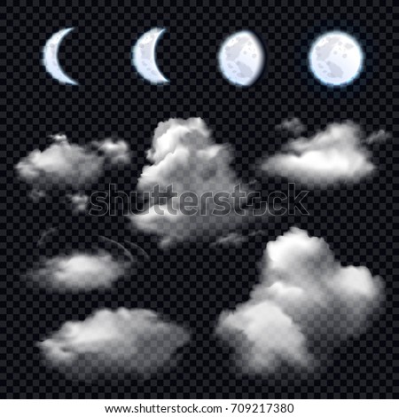Realistic set of four phases of moon and different cloud shapes on transparent background isolated vector illustration 