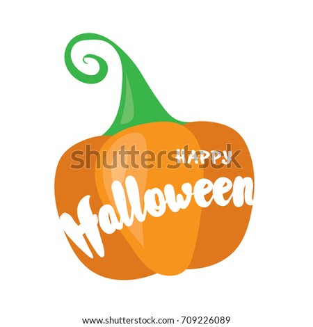 Happy Halloween post card design. Simply vector illustration with cartoon orange pumpkin and lettering elements.