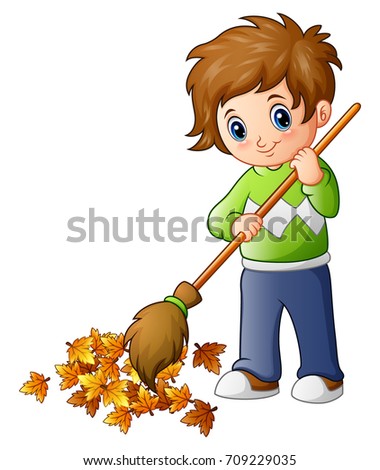 Vector illustration of Cartoon boy with broom and autumn leaves