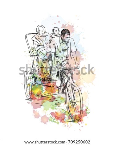 Watercolor sketch of bicycle Auto, India in vector illustration.