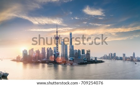 shanghai skyline in sunrise, huangpu river panorama 