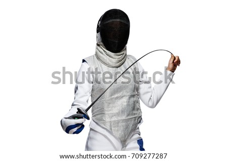 Portrait of Woman fencer wearing mask and white fencing costume. Isolated on White Background Royalty-Free Stock Photo #709277287