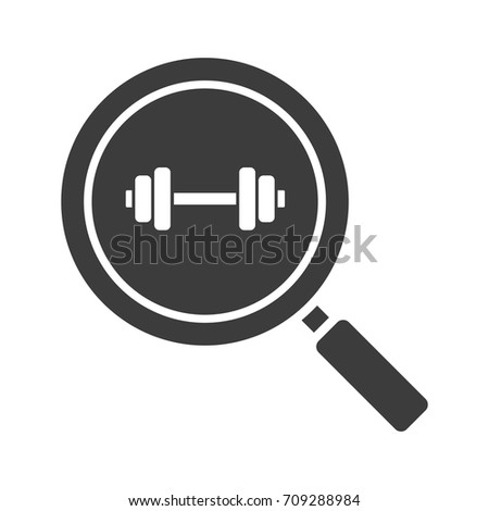 Gym search glyph icon. Silhouette symbol. Magnifying glass with gym barbell. Fitness center nearby. Negative space. Raster isolated illustration