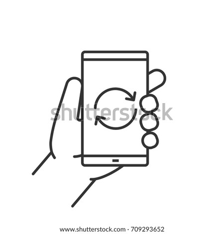 Hand holding smartphone linear icon. Thin line illustration. Smart phone restart contour symbol. Raster isolated outline drawing