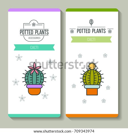 Potted plants. Business cards. Vector illustration. Flower shop. Isolated on white background.