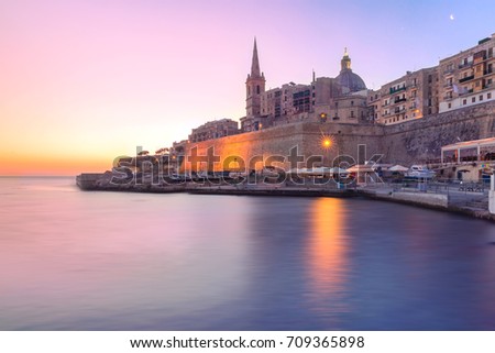 Valletta Skyline with churche of Our Lady of Mount Carmel and St. Paul's Anglican Pro-Cathedral, at dawn, Valletta, Capital city of Malta