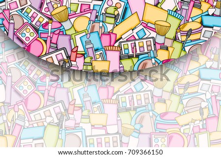 Makeup cartoon doodle backdrop design. Cute background concept for beauty greeting card,  decoration, advertisement, banner, flyer, brochure. Hand drawn vector illustration. 