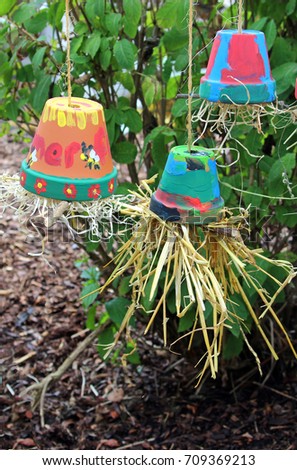 three colorful flower pots filled with straw hanging upside-down, for the control of aphids, building a home for earwigs
