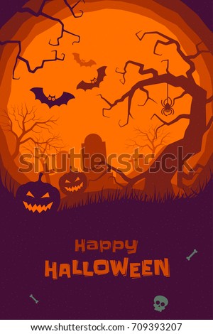 Happy Halloween poster of pumpkin on graveyard, full moon dark night and tombstone, zombie skeleton skull and black bat. Vector orange horror trick or treat Halloween holiday greeting card