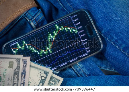 Stock exchange on smartphones screen and dollars banknotes