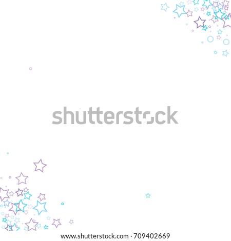 Scattered corner frame on white background made of little blue stars. Falling Confetti stars. Vector illustration.