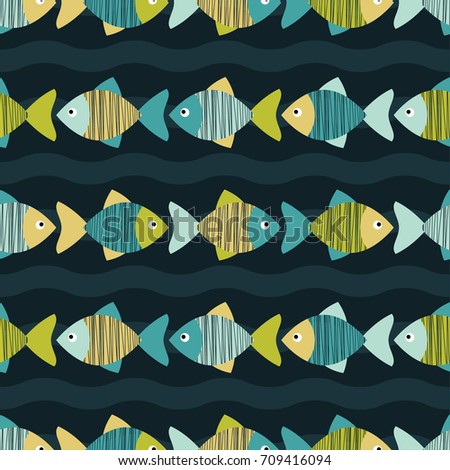 Seamless vector background with decorative fish. Scribble texture. Textile rapport.