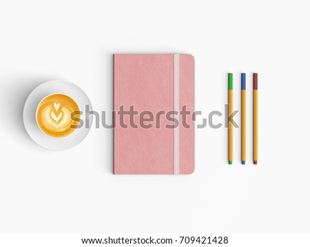 Modern office desk workplace with notebook diary, coffee cup, pencil and smartphone copy space on white desk background. Top view. Flat lay style.