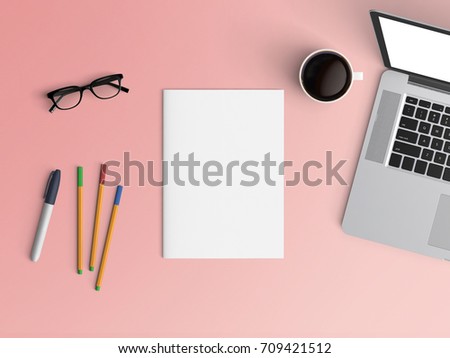 Modern office desk workplace with notebook, coffee cup, blank paper, pen and smartphone copy space on color background. Top view. Flat lay style.
