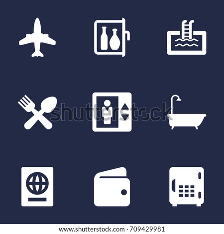 Set Of 9 Motel Icons Set.Collection Of Bathtub, Citizenship, Lift And Other Elements.