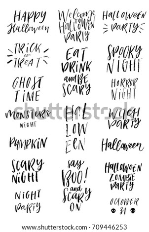  Set of hand drawn brush calligraphy for Halloween greeting, invitation or poster.