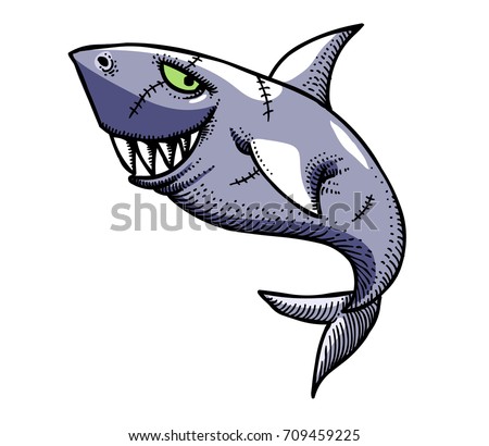 Shark hand drawn image. Original colorful artwork, comic childish style drawing.