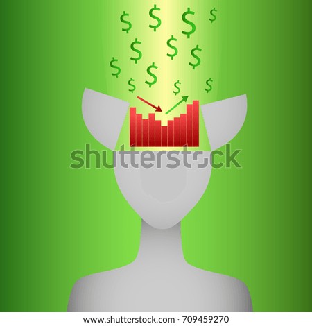 Businessman thinks, statistical data with  diagram on green background. Financial analysis, statistics, reporting, strategy development. Business concept. Vector illustration.