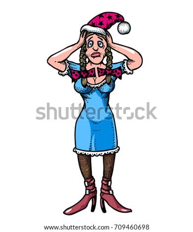 Stressed woman wearing santa hat hand drawn image. Original colorful artwork, comic childish style drawing.