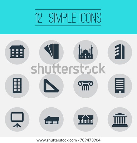 Vector Illustration Set Of Simple Architecture Icons. Elements Farm, Islamic Monument, Whiteboard And Other Synonyms Measure, Design And Ancient.