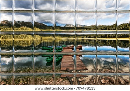 the lake through window panes