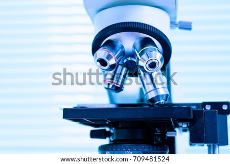 Selective focus optical microscope lens.Laboratory equipment.Medical tool for diagnosis.