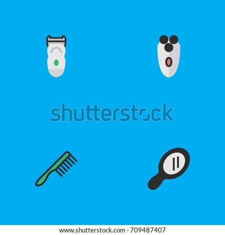 Vector Illustration Set Of Simple Barber Icons. Elements Glass, Electronic, Shaving Machine And Other Synonyms Shaver, Hairbrush And Comb.