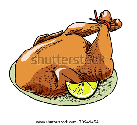 Cooked turkey hand drawn image. Original colorful artwork, comic childish style drawing.