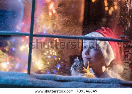 On Christmas night an adorable little boy with a santa hat and his little cat are looking up at the sky through the window. They are waiting for Santa Claus. There is frost and snow on the window
